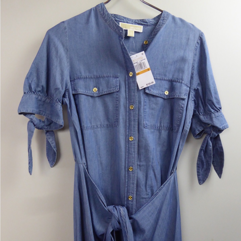 Michael Kors Button Front Chanbray Denim Dress With Wrap Cape Layer Nwt